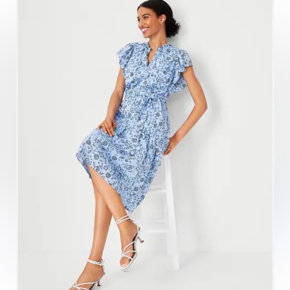 Ann Taylor Floral Flutter Sleeve Belted Flare Dress Dry Cleaned 8 - Picture 2 of 10